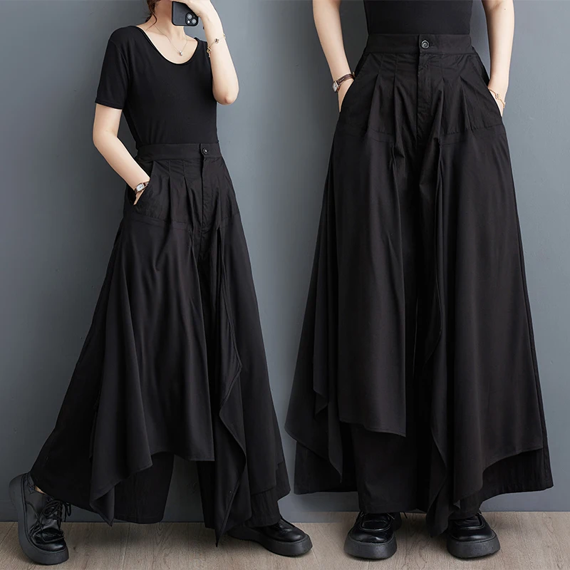 Dark Style High Waist Wide Leg Pants Fashionable Patchwork Fake Two-Piece Slimming High-End Feelings Skirt Casual Pants