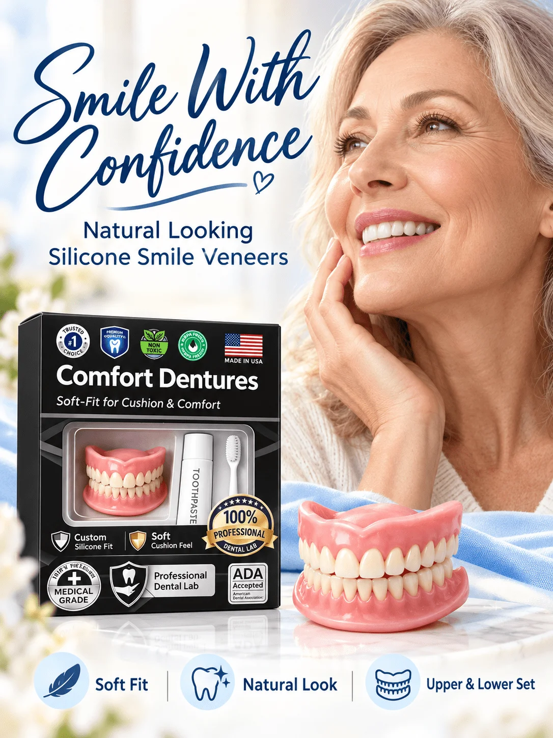 Adjustable Silicone Dentures Full Set for Eating Natural Soft Fit Upper Lower Set