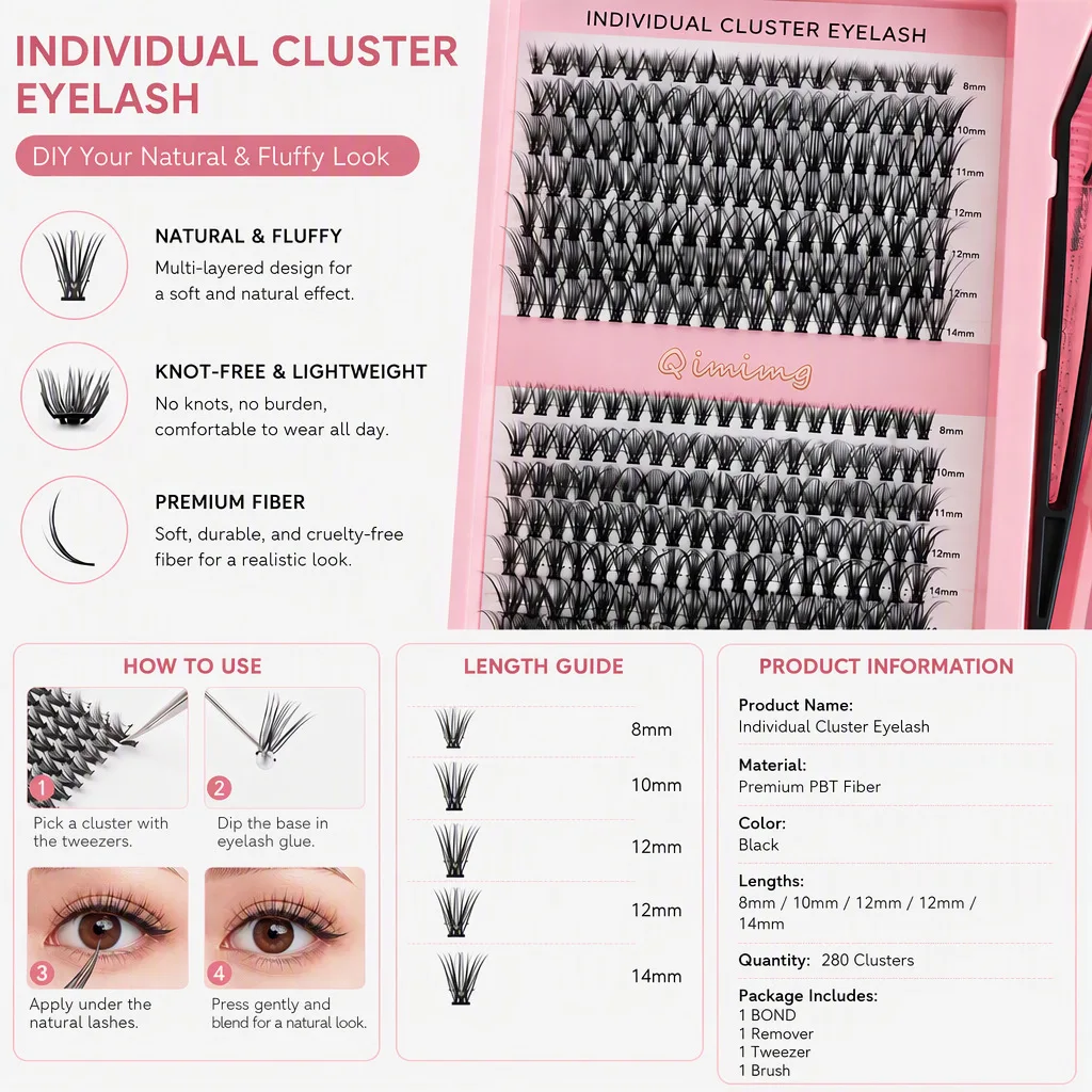 QIUNING Lash Clusters Kit Lashes 280 Pcs with Lash Bond & Remover Cluster Eyelash Extensions Eyelash Clusters Kit DIY at Home