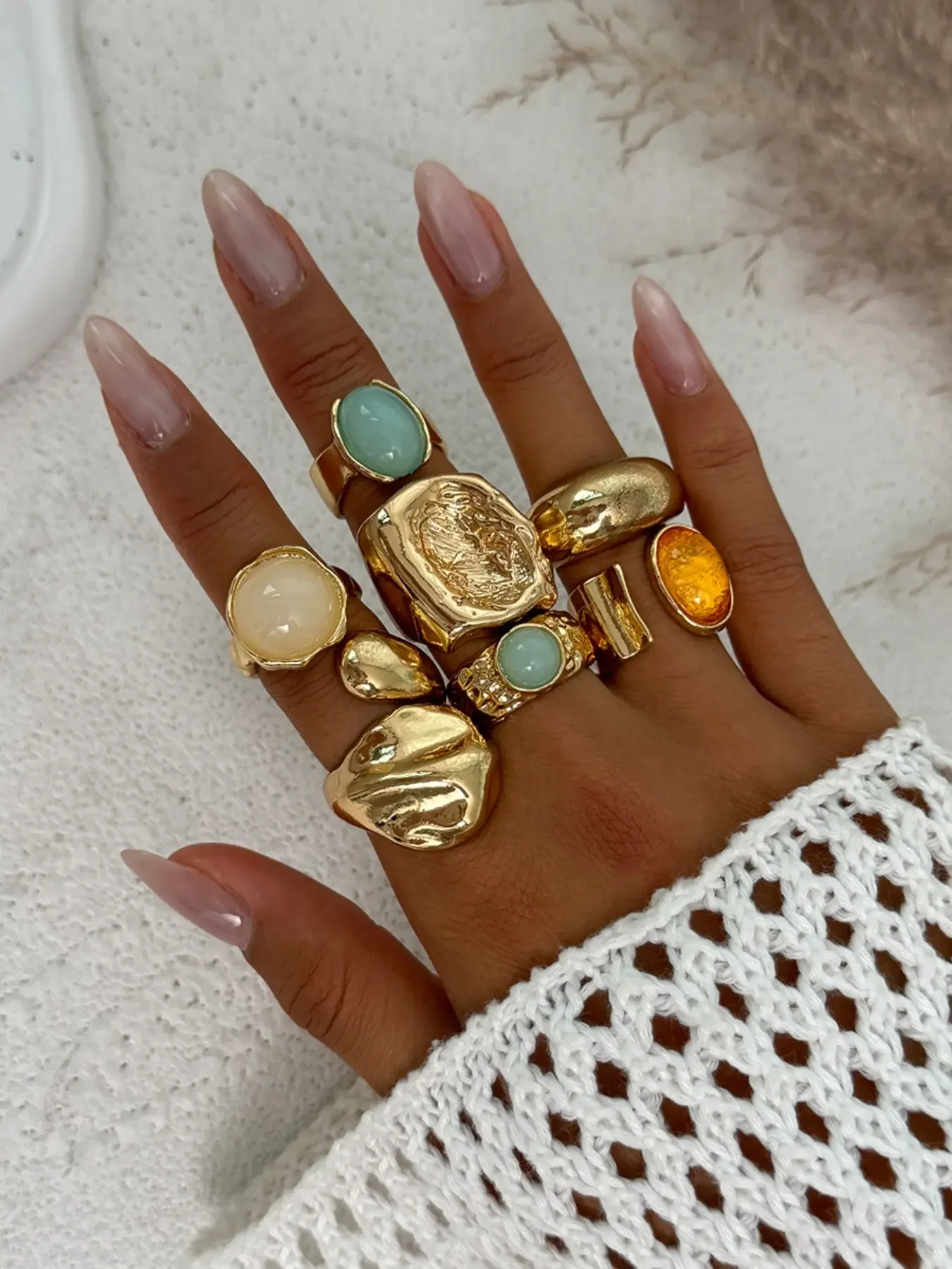 7 Pieces Women's Vintage Fashion Geometric Design Ring Set, Fashion Rings, Bold Metal Statement Multi Ring, Perfect for Daily Wear & Party, Fashionable Jewelry Gifts