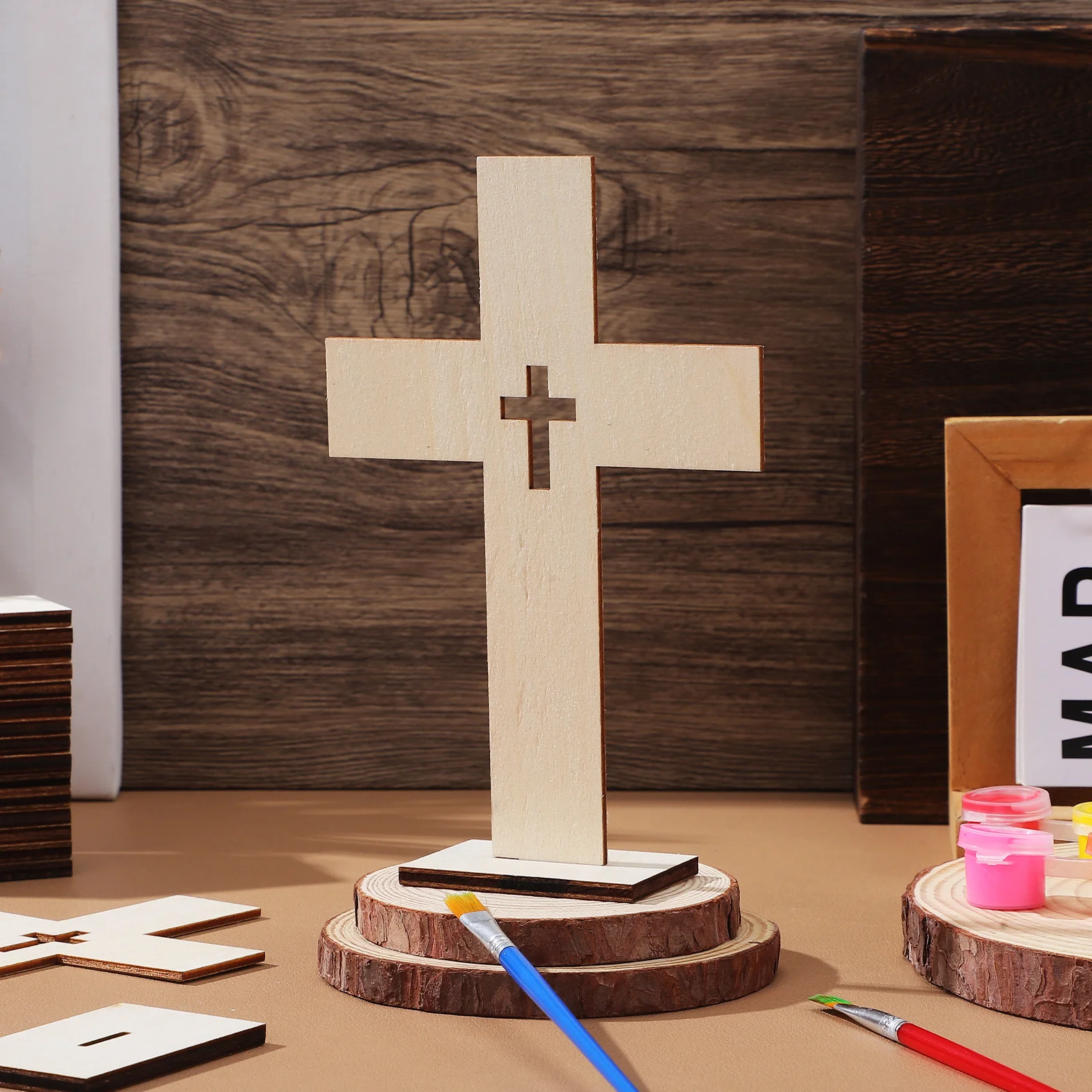 

20Pcs Wooden Cross Decoration Small Wood Crosses for Desktop Home Religious Cross Ornament Craft Adornment Crosses for Crafts