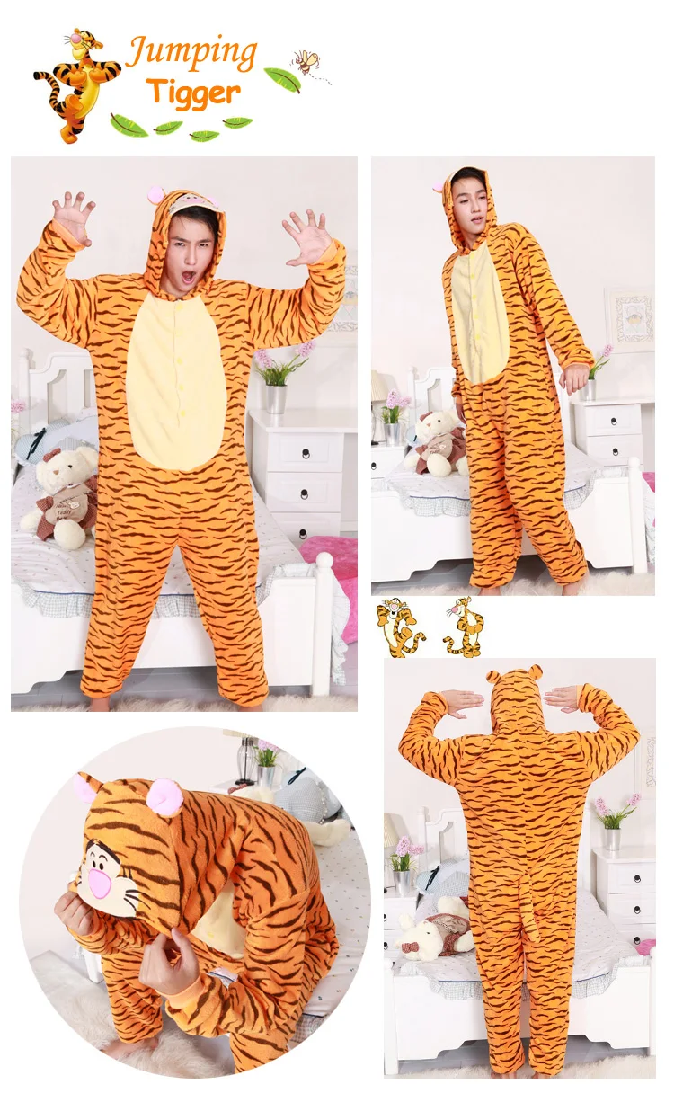 Winnie The Pooh and The blustery Day Jumping tigger kigurumi ชุดนอนฤดูหนาวผ้าสักหลาดผู้ใหญ่ใช้ได้ทั้งชายและหญิงการ์ตูนชุดคอสเพลย์ผู้หญิง