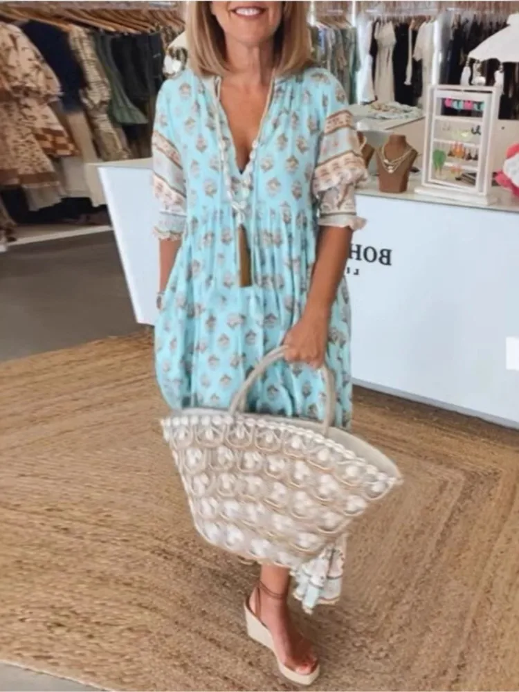 Fashion Boho Print Maxi Dress For Women Spring Summer V Neck Lantern Sleeve Long Dress Elegant Holiday Beach Dresses Robe Femme
