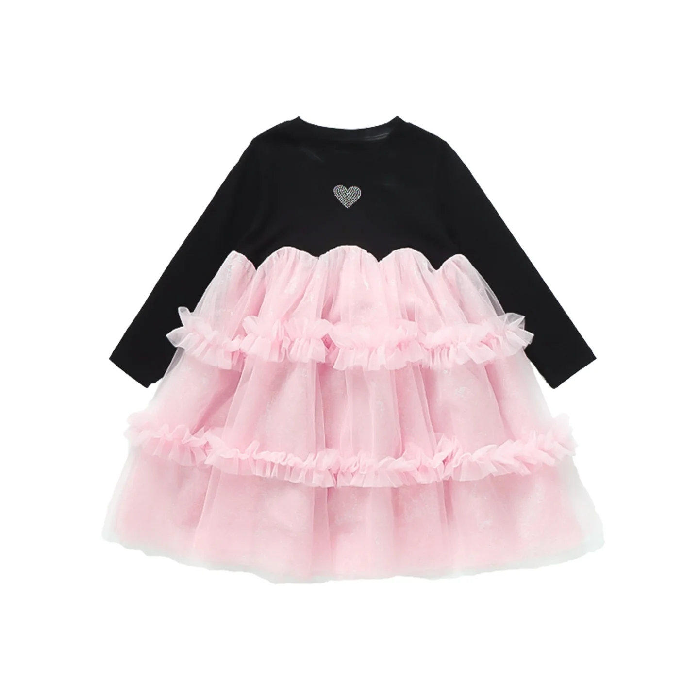 Spring Autumn Girls Princess Dress Long Sleeve Patchwork Black Pink Layered Tulle Dress Kids Birthday Party Costume For 2‑7 Year