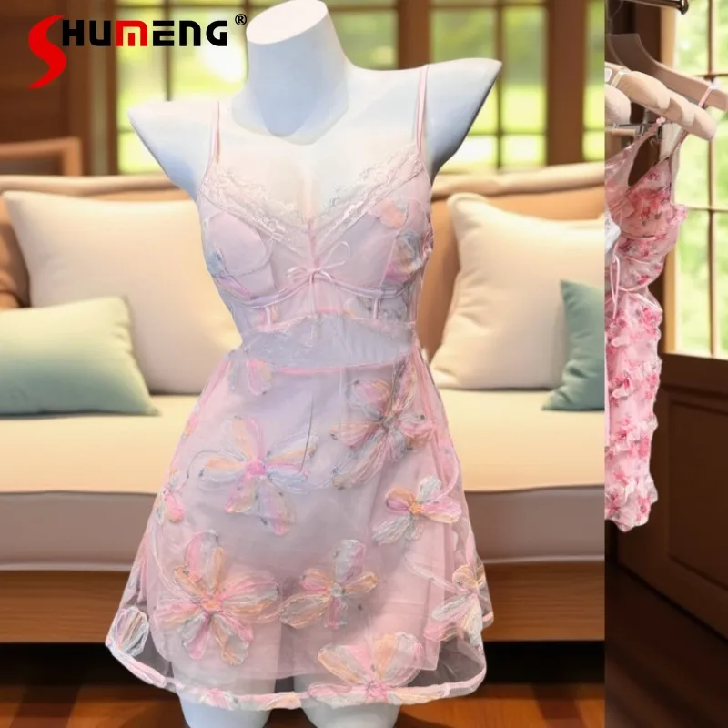 

Высококачественная сексуальная кружевная ночная рубашка для девочек, весенне-осенняя милая ночная рубашка с мягкой подкладкой на бретельках, женские кружевные пижамы Pure Desire