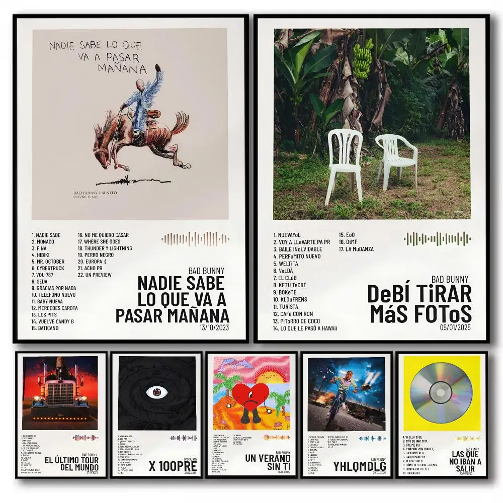 Bad B-Bunny Album-Poster-Aufkleber, selbstklebende Malerei, Wanddekoration, Wandaufkleber für Schlafzimmer, Wohnzimmer, Zuhause, HD-Geschenk