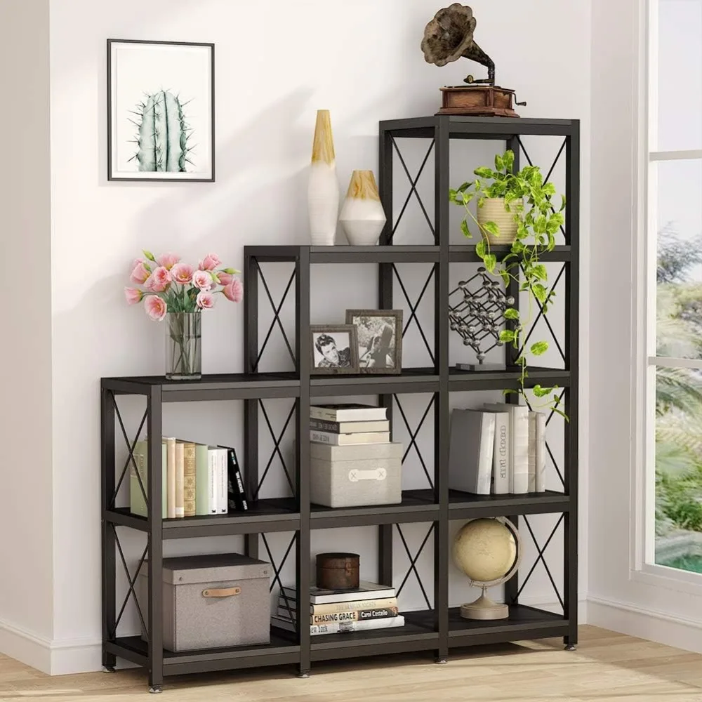 Industrial Ladder Corner Bookshelf 9 Cubes Stepped Etagere Bookcase, Rustic 5-Tier Display Shelf Storage Organizer