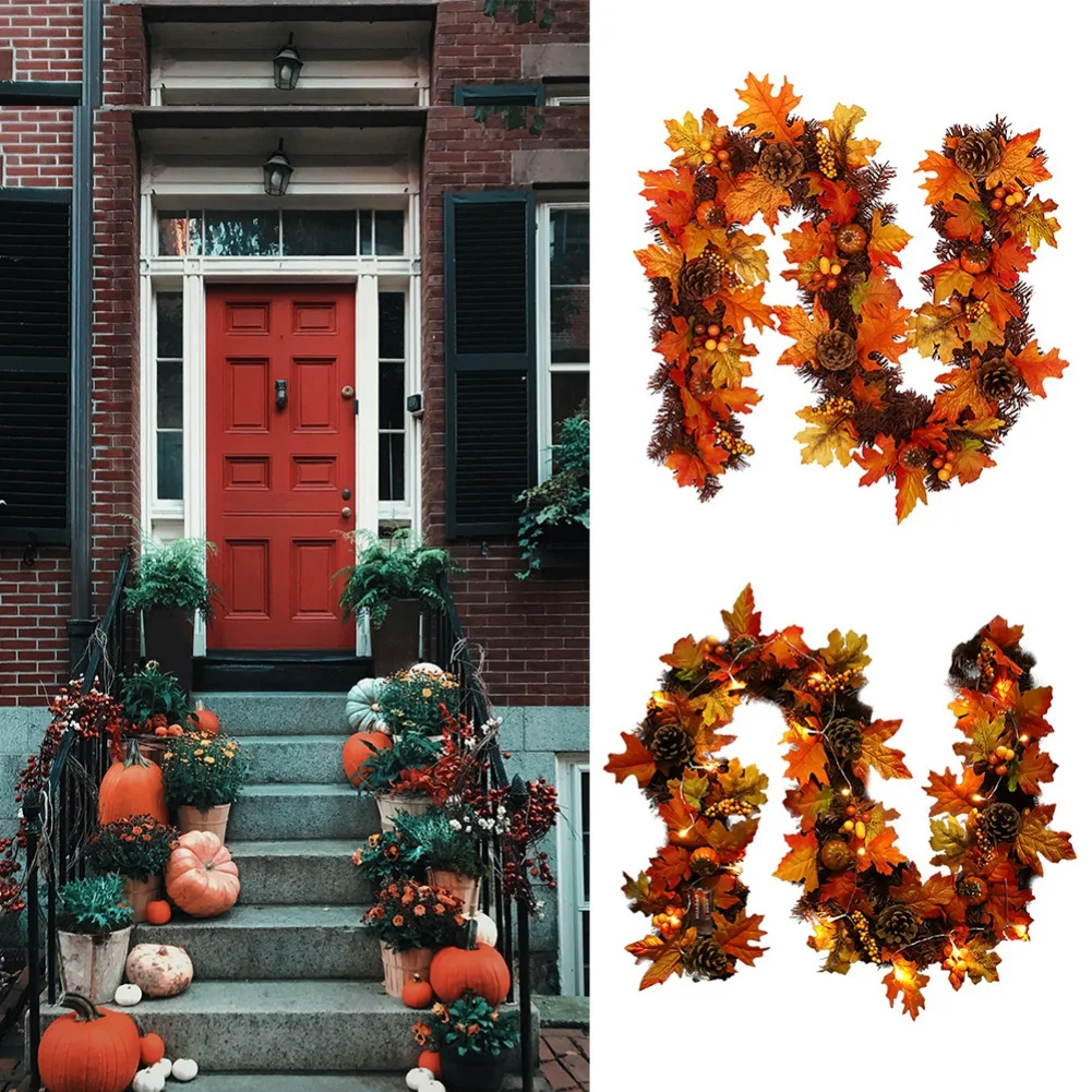 

Christmas Thanksgiving Days Decorations Pine Cone Artificial Maple Leaf Rattan Holiday Gift Door Hanging Decoration With Light