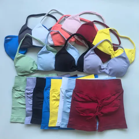 2PCS Gym Set Women Strappy Yoga Bra Top High Waist Workout Scrunch Shorts Sports Suit Seamless Yoga Set Fitness Clothes