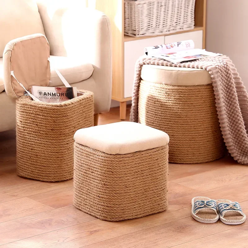 

Living Room Furniture Hand Woven Storage Leisure Stool Pouf Solid Wood Storage Box With Cover Office Footrest Balcony Decor Stoo