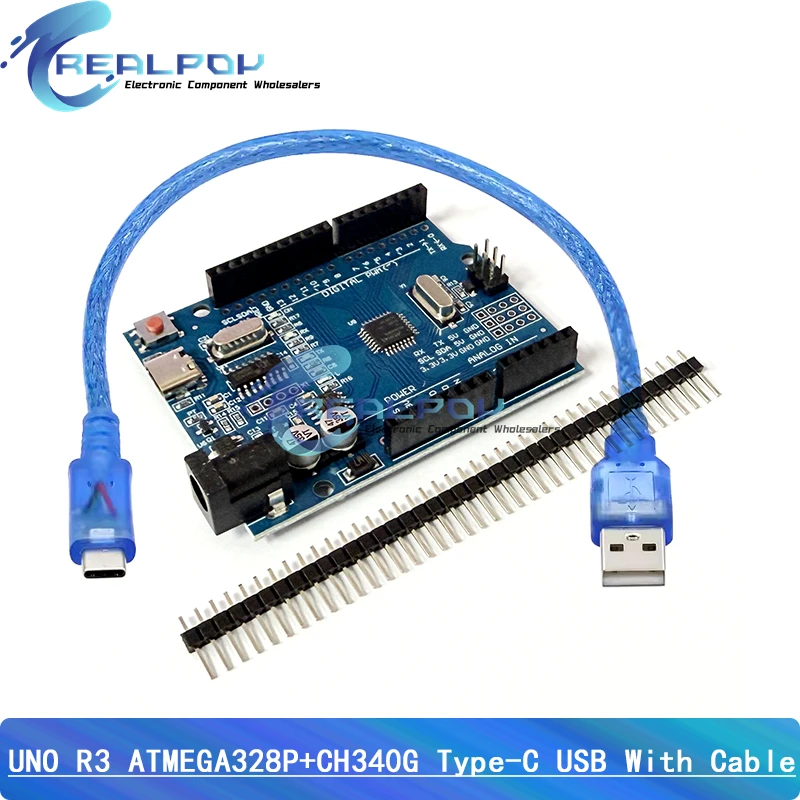 Placa de Desenvolvimento UNO R3 com Cabo, Chip ATMEGA328P, CH340G, 16Mhz, Arduino