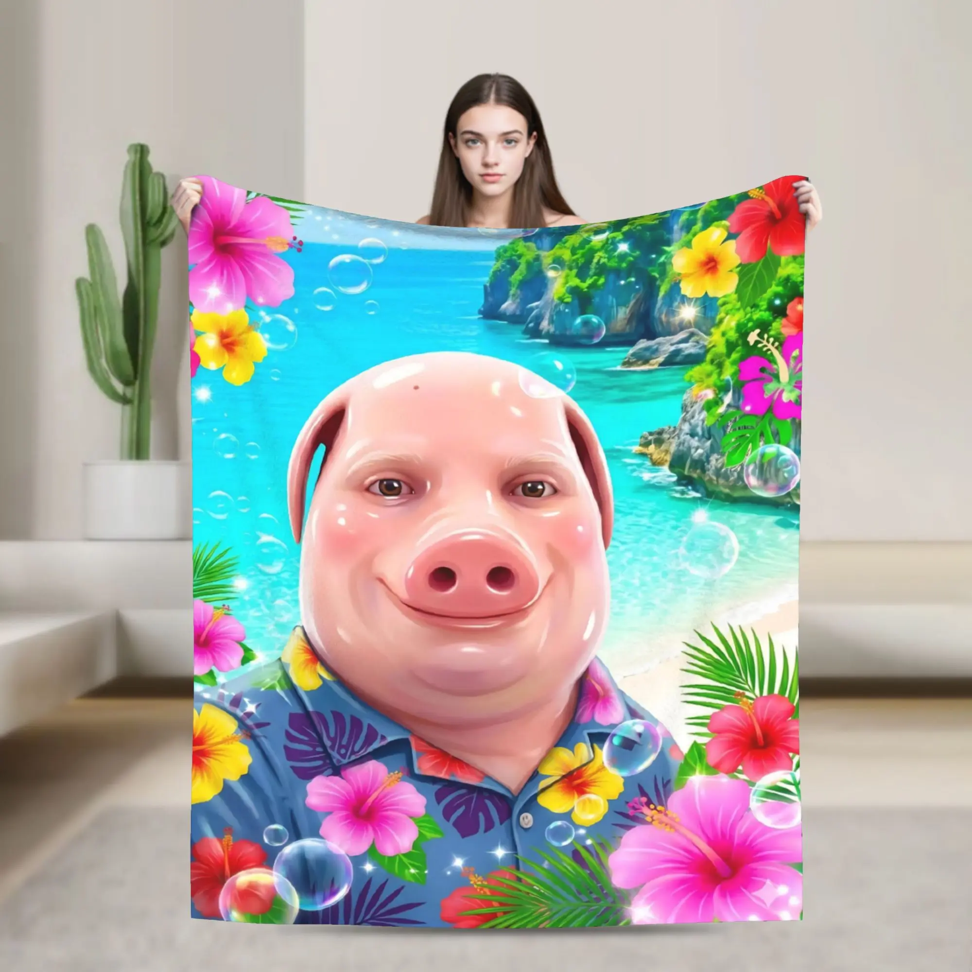 Hawaii John Pork Smiling Beach Blankets Fleece Pig Lover Multi-function Soft Throw Blanket for Bedding Couch Plush Thin Quilt