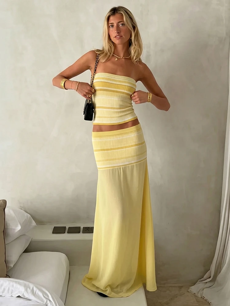 Weird Puss Striped Print Knitting 2 Piece Set Women Sexy Sleeveless Tank Top+Mesh Patchwork Long Skirt Elegant Party Clubwear