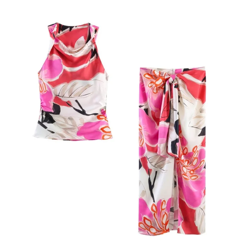 

All Season Women's Satin Print Skirt 2 Piece Set Halter Neck Sleeveless Pleated Top+High Waist Midi Skirt Female Casual Wear
