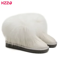 KZZO Fashion Style Natural Real Fox Fur Women Snow Boots Genuine Leather Wool Lined Ankle Winter Warm Shoes Waterproof White