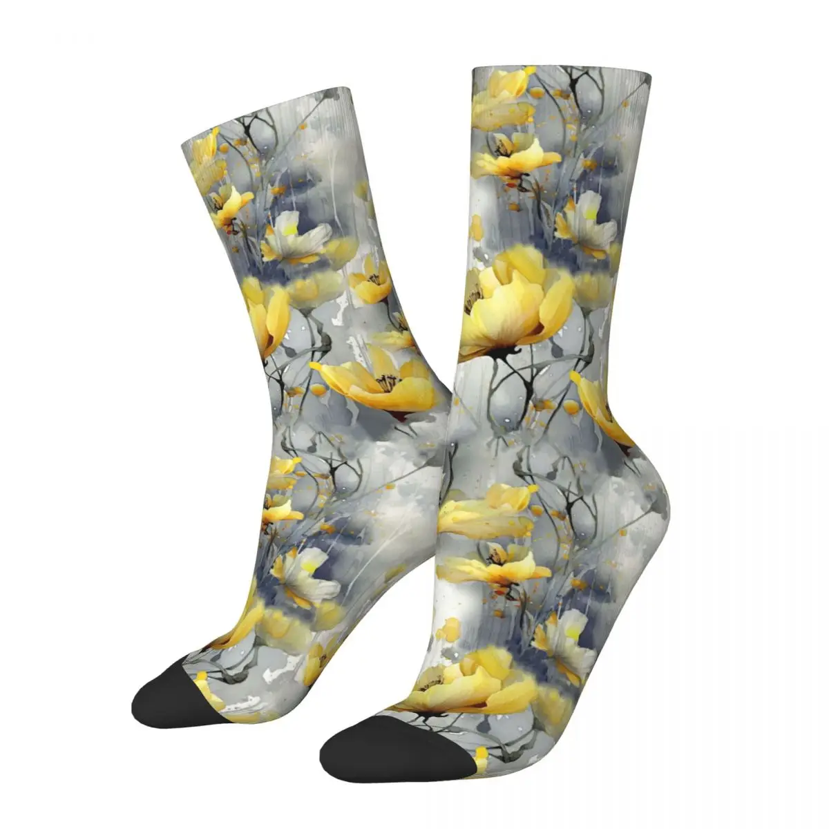 Yellow Ink and Wash Flowers Socks Male Mens Women Autumn Stockings Harajuku