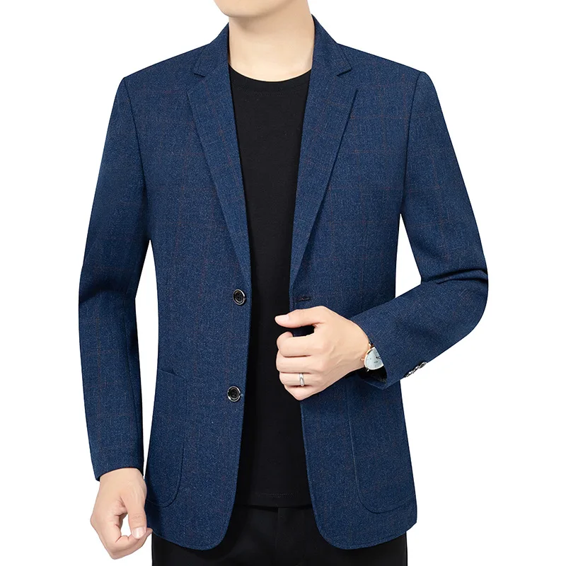Immagine 5: KIDWHXR Giacca da uomo primaverile e autunnale, blazer alla moda a quadri con colletto alla coreana, giacca slim casual da uomo, non necessita di stiratura, giacca slim da uomo per affari