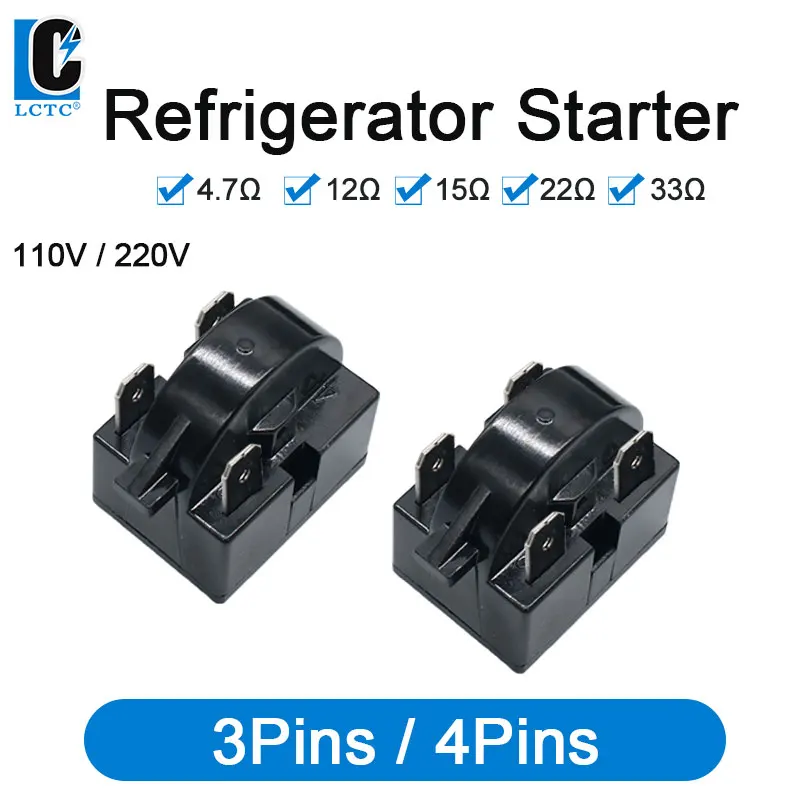 LCTC PTC Refrigerator 3/4pins Starter Relay For Refrigerator Fridge Capacitor 4.7/12/22/33ohm Air Conditioner Stainless Steel