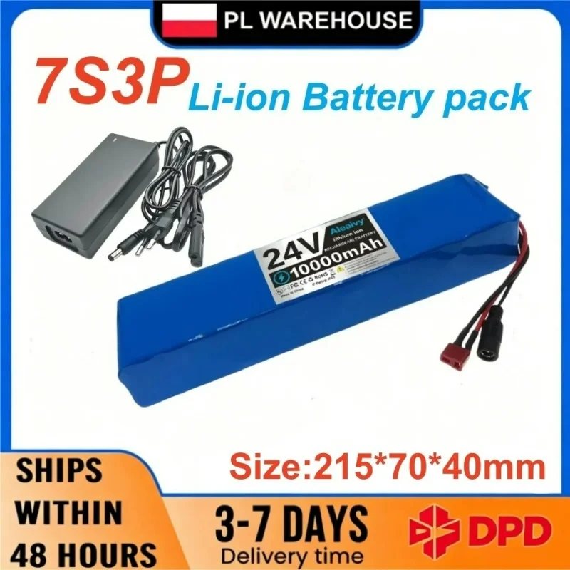 7S3P 24V 10Ah wiederaufladbarer Lithium-Akku mit Ladegerät, passend für 250W 350W Motor, Ersatzakku für Elektroroller, E-Bike, Faltrad, Ersatzteile