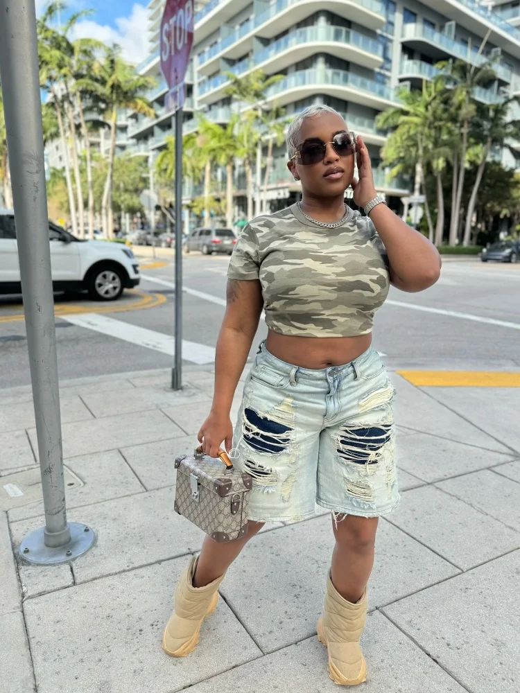 

Sister Star Women's Old Wash Hole Splicing High-waisted Wide-leg Straight Seven-minute Pants Street Hipster Skinny Drape Jeans