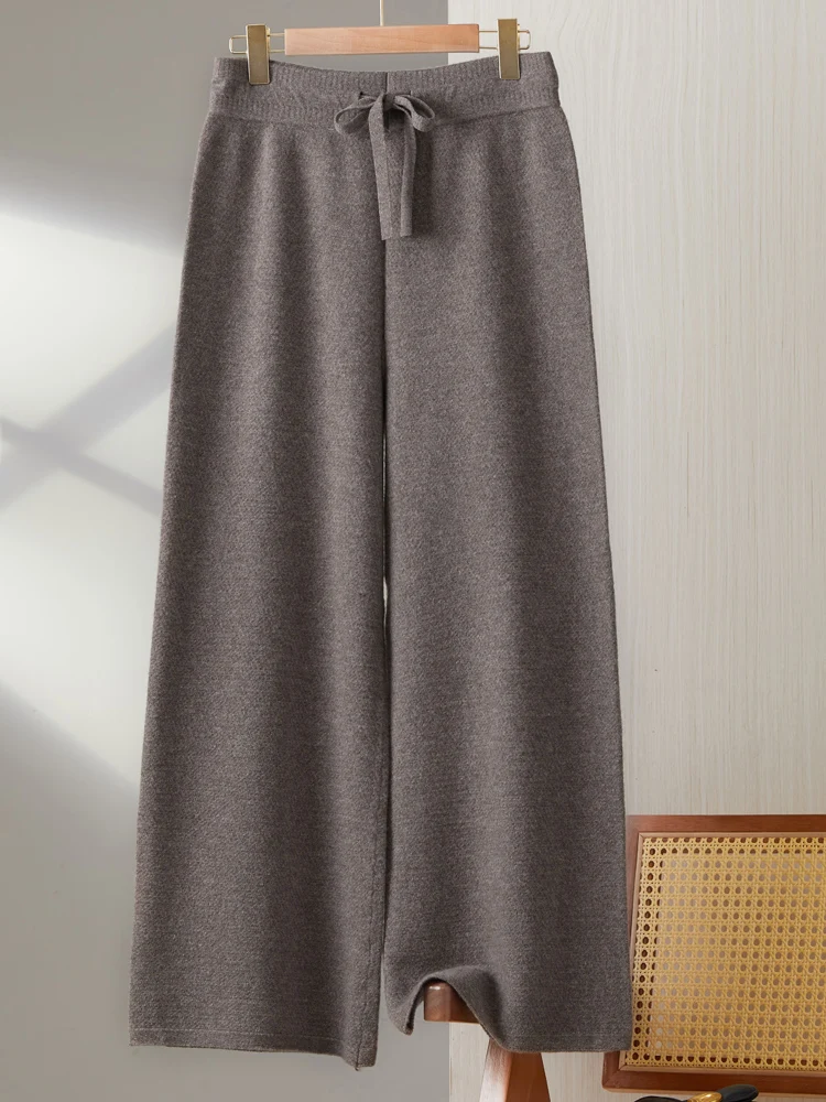 100% pantaloni a gamba larga in lana Merino australiana pantaloni larghi spessi a vita alta da donna pantaloni dritti lavorati a maglia Casual nuovo