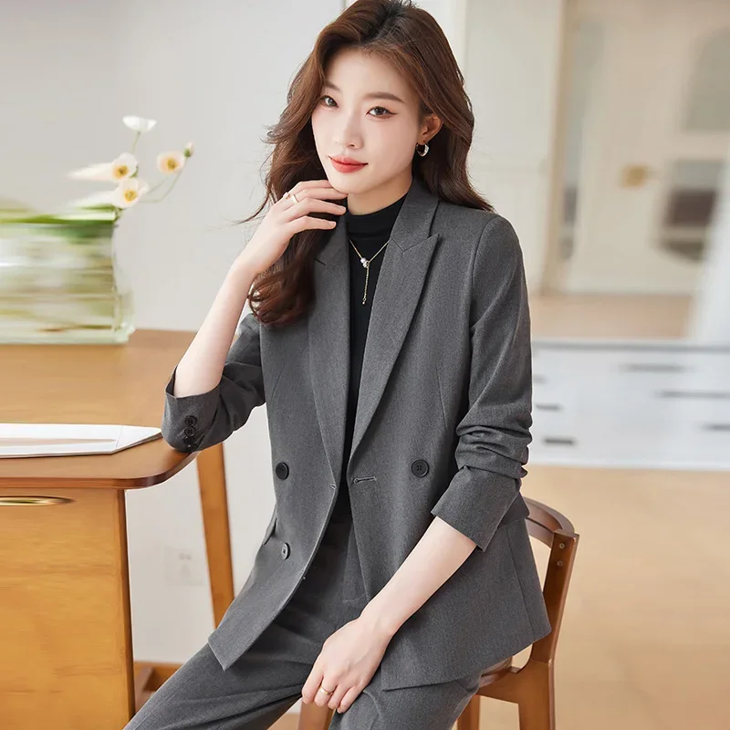 Insozkdg 2024 Autumn New Grey Suits for Women Double Breasted Professional Temperament Goddess Fan Elegant Fashion 2 Piece Sets