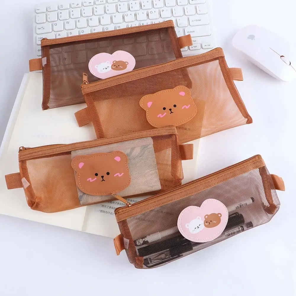 Brown Large Capacity Pen Bag Mesh Pencil Case Storage Bags Bear Pencil Bags Kawaii Pencil Bag