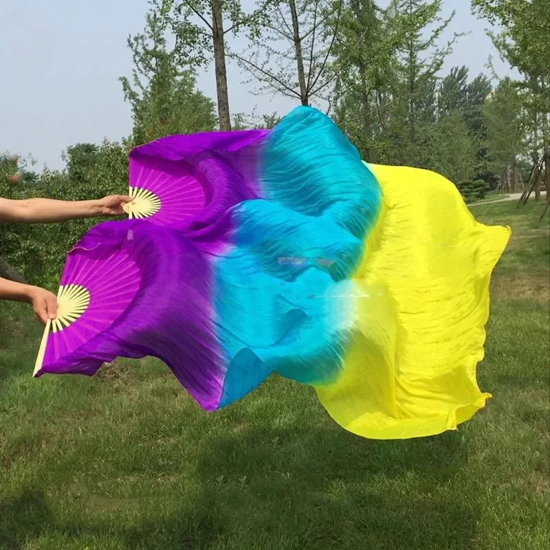 قوس قزح الرقص الشرقي الحرير الحقيقي مروحة الحجاب اليد صبغ ضوء مروحة الحجاب 1 أزواج التدرج 120 سنتيمتر 180 سنتيمتر المهنية جديد وصول الساخن بيع #1