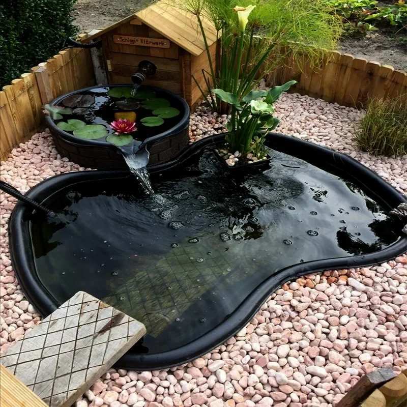 Black outdoor garden courtyard villa fish pool farm accessories preformed fiberglass water koi pond with pump filter