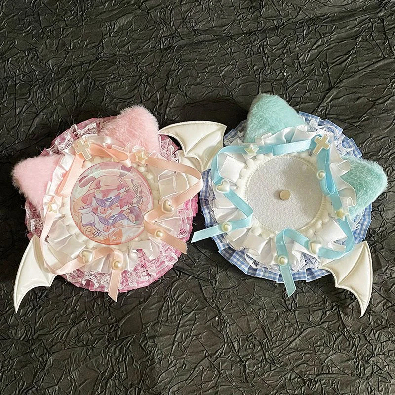 Cute and Sweet Bat-Wing Plush Cat-Ear Round Lace Handmade Badge Holder, Anime Cartoon Game Character Merchandise, Celebrity Idol Support Badge, Badge Display Stand, Storage Decoration, Badge Holder, Back-To-School Season, Graduation Season, Halloween, Easter Holiday Gifts, Lolita Creative Small Items, Gumi Goods, Itabag, Itaboard, DIY Materials, Accessories, Badge Holder