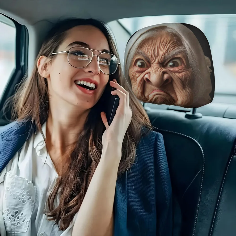 2Pcs Universal Funny Old Lady Face Printed Car Headrest Cover Elastic Washable Auto Head Protector Fashion Car Decor