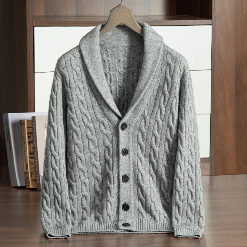 Autumn Winter New 100% Pure Cashmere Sweater Men\'s Green Fruit Neck Knitted Cardigan Business Casual Shirt Coat Thickened Warm