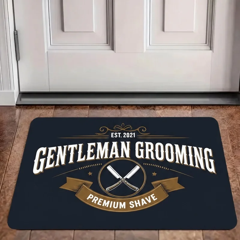 Gentleman Grooming Barber Doormat, Vintage Straight Razor Print Entry Mat, Salon Porch Decor