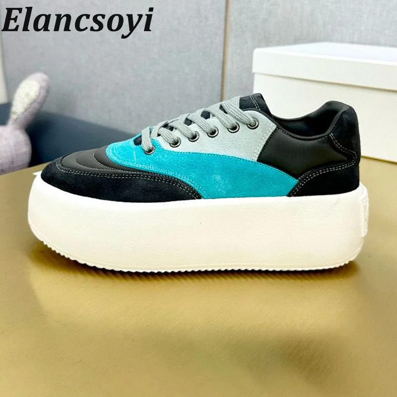 

Spring Thick Bottom Height Increasing Splicing Mixed Color Sneakers Women's Round Toe Lace Up Casual Shoes Daily Walking Shoes