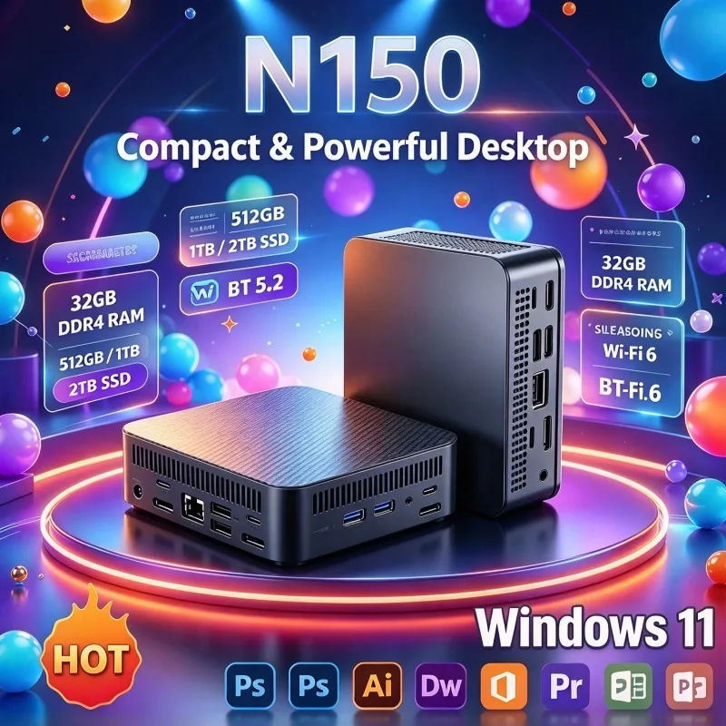 N150 Mini PC Carbon Fiber Texture All‑Round Ventilation Multiple Ports Space‑Saving Small Desktop for Home Office Business