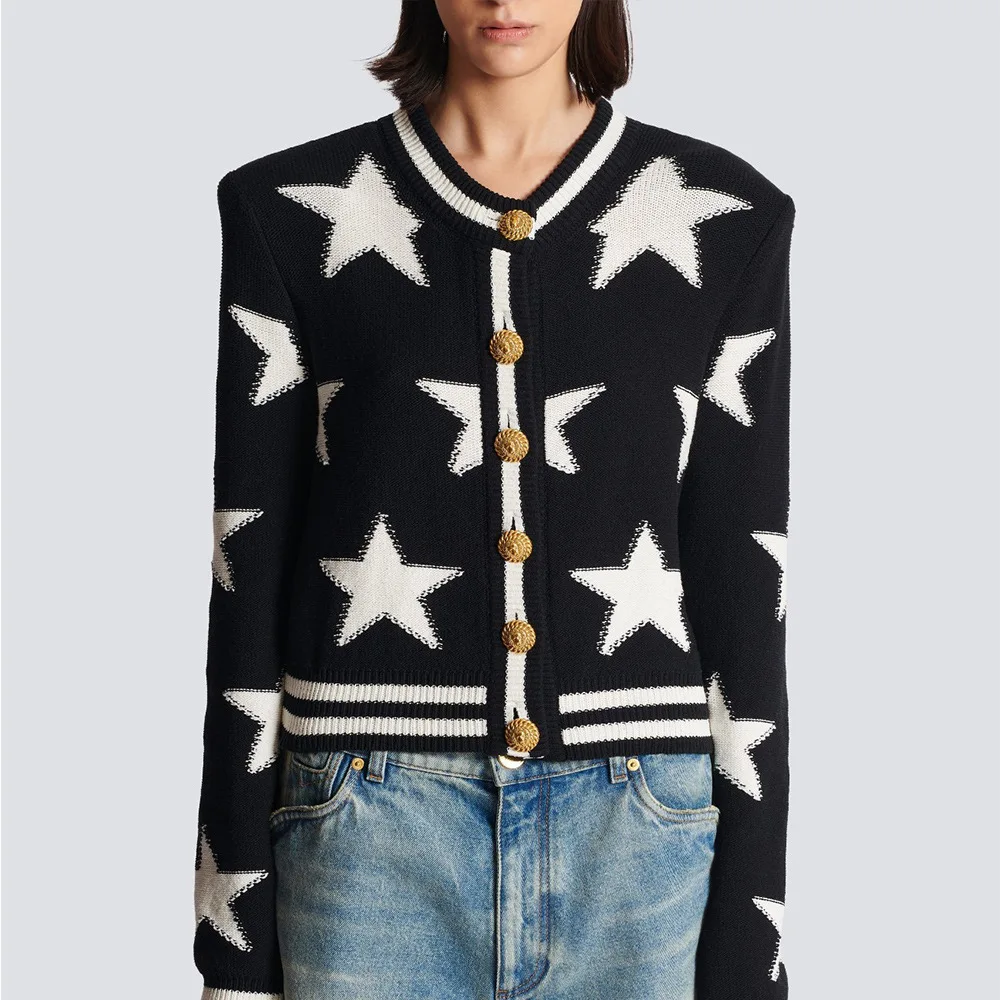 Imagem -02 - Cardigan com Estampa Estrelada para Mulheres Decote o Manga Comprida Single-breasted Design Casual Primavera 2023