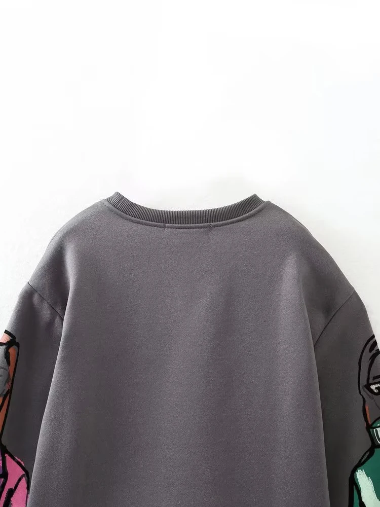 Autumn Winter Women Coal Gray O Neck Printed Sweatshirts Long Sleeve Loose Casual Pullovers Female Sudaderas