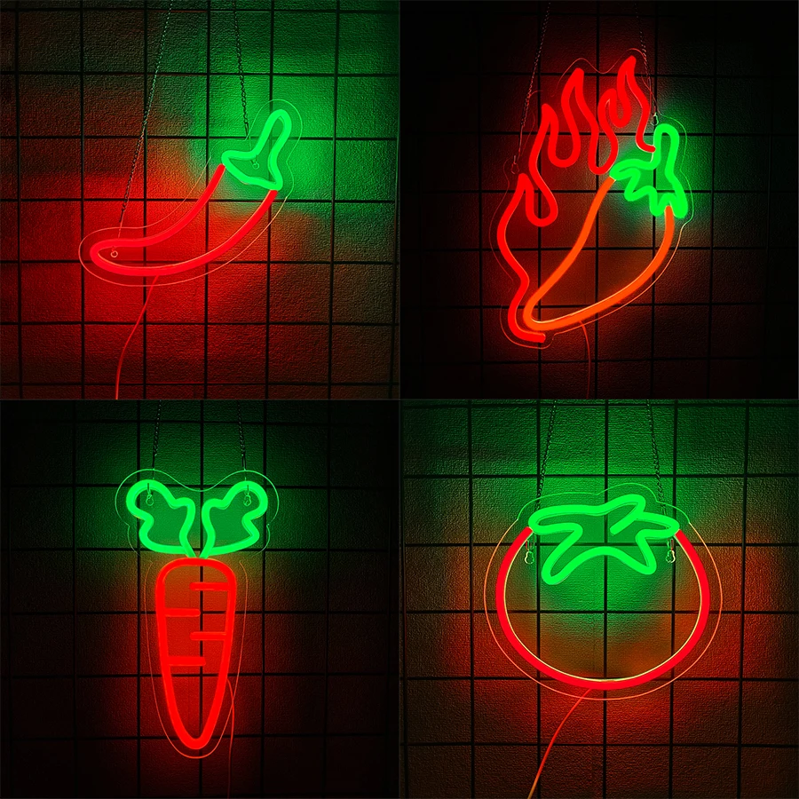 Vegetable Led Neon Sign, Pepper And Carrot Icon, Used For Decor In Family Kitchens, Restaurants, Buffets, Shops And Parties.