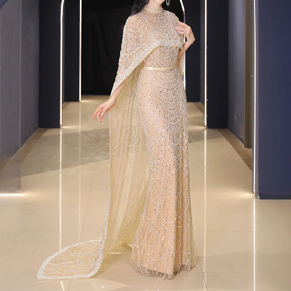 2023 Luxury Dubai Evening Dresses with Cape Heavy Pearls Champagne Formal Occasion Dresses for Women Arabic Wedding Party Gowns