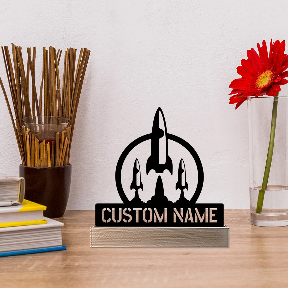 1pc Modern Rocket launch Custom Name Metal Statue Metal Ornament With Wood Base Iron Sculpture Handicraft With Wood Base