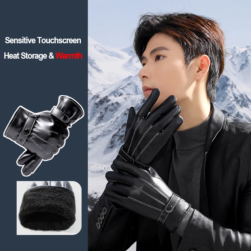 Winter PU Leather Gloves Men Fleece Lined Warm Thick Business Gloves Windproof Touchscreen Water-Resistant Cold-Weather Gloves