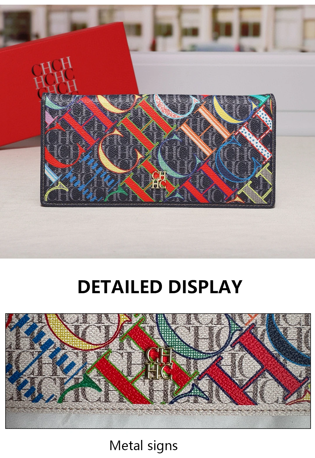 CH Damen Alltags-Geldbörse, bunt, Monogramm, Gold-Logo, mehrere Kartenfächer, Reißverschluss-Münzfach, Druckknopfverschluss, All-Match-Geldbörse – Detail 10