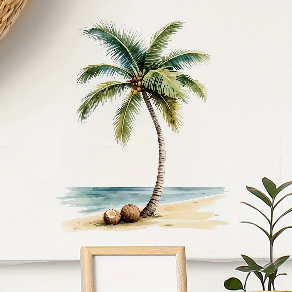 1 Colorful Beach and Palm Tree Pattern Home Decoration Sticker, Suitable for Wall Stickers, Living Room, Bedroom, Bathroom, Toilet Stickers
