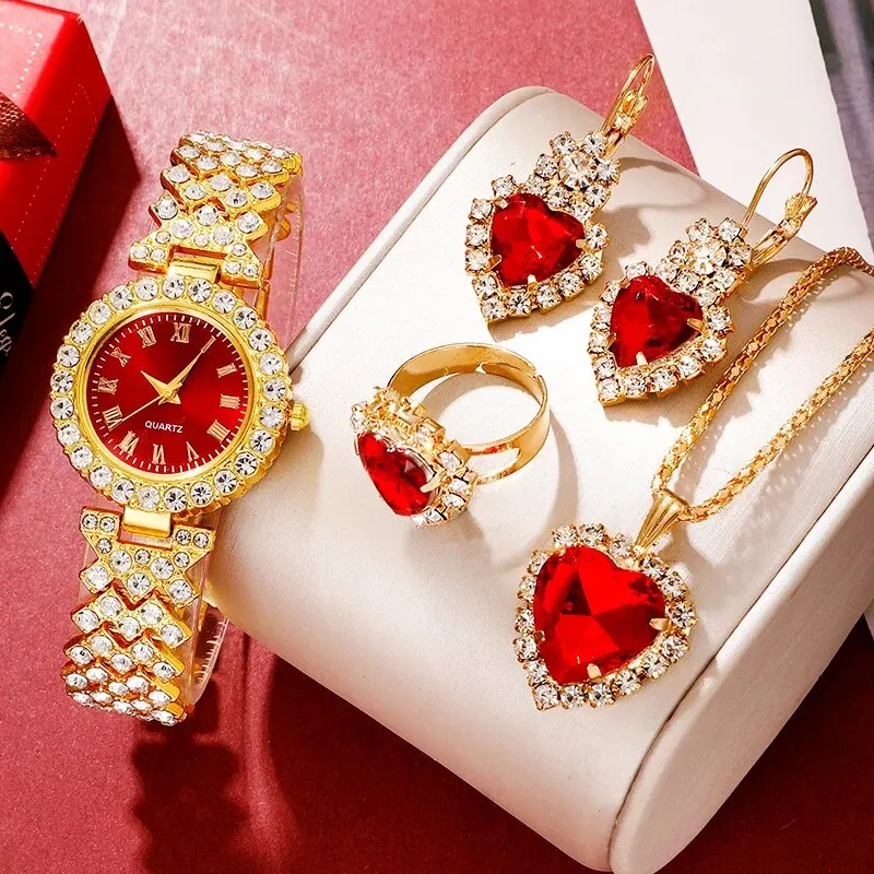 

Golden Luxury Watch Women Ring Necklace Earring Rhinestone Fashion Wristwatch Casual Ladies Bracelet Watches Jewelry Set