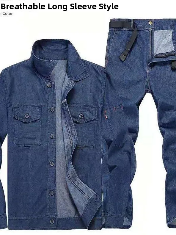 Men's Denim Shirt Long Sleeve Thin Breathable Loose Fit Deep Blue Wear Resistant Casual Outerwear Summer Season Workwear