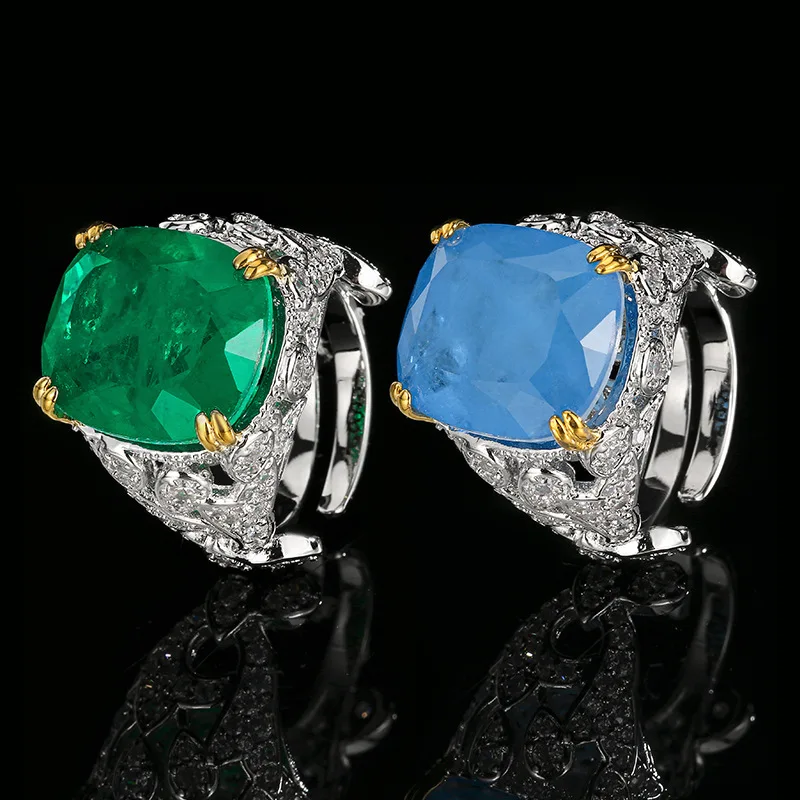 

Adjustable Cocktail Ring Cushion Cut 14x16mm Emerald Green Blue Gemstone Statement Vintage Hollow Out CZ Inlaid Luxury Jewelry