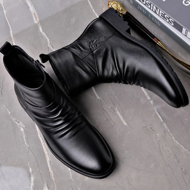 Genuine Leather Men Boots High Quality Cowhide Leather Boots Fashion High Top Motorcycle Boot Men's Business Casual Dress Boots