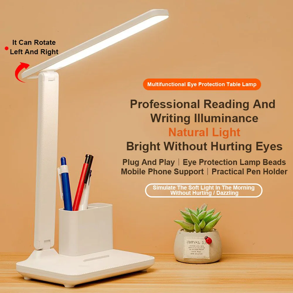 Lámpara de escritorio plegable para dormitorio, lámpara LED de noche, contenedor de bolígrafo extraíble, lámparas de lectura de estudio, luces de mesa brillantes, luz de escritura