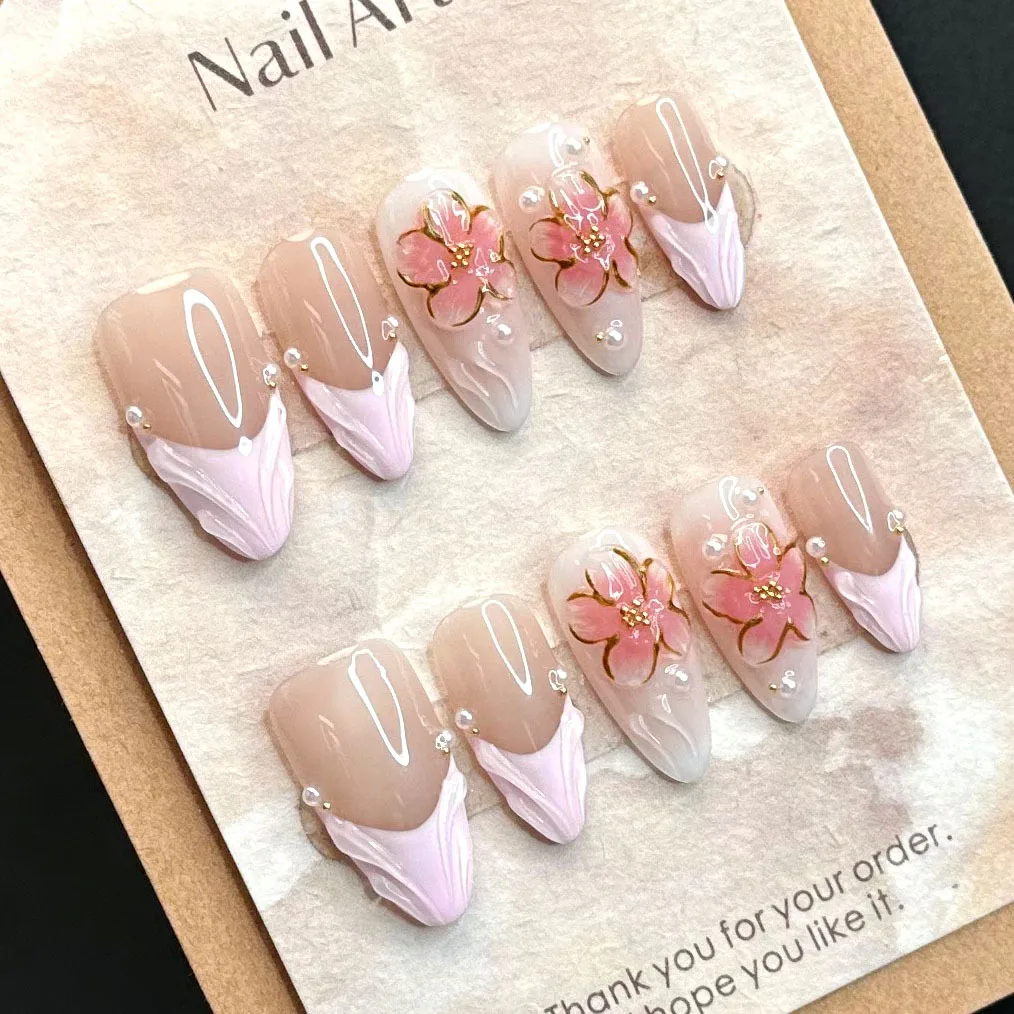 

10pcs Handmade Press on Nails Pink French False Nail with 3D Carving Flowers Full Cover Wearable Korean Almond Fake Nail Tips