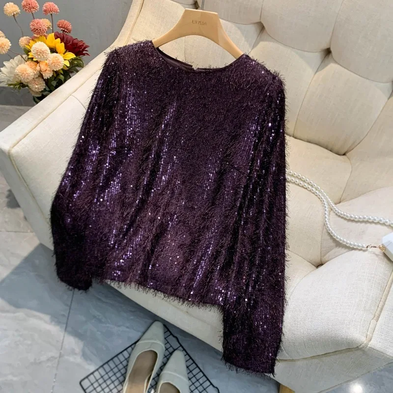 Women Autumn Winter Purple Sequin Fluffy Top Loose Elegant Unique Long Sleeve Blouse